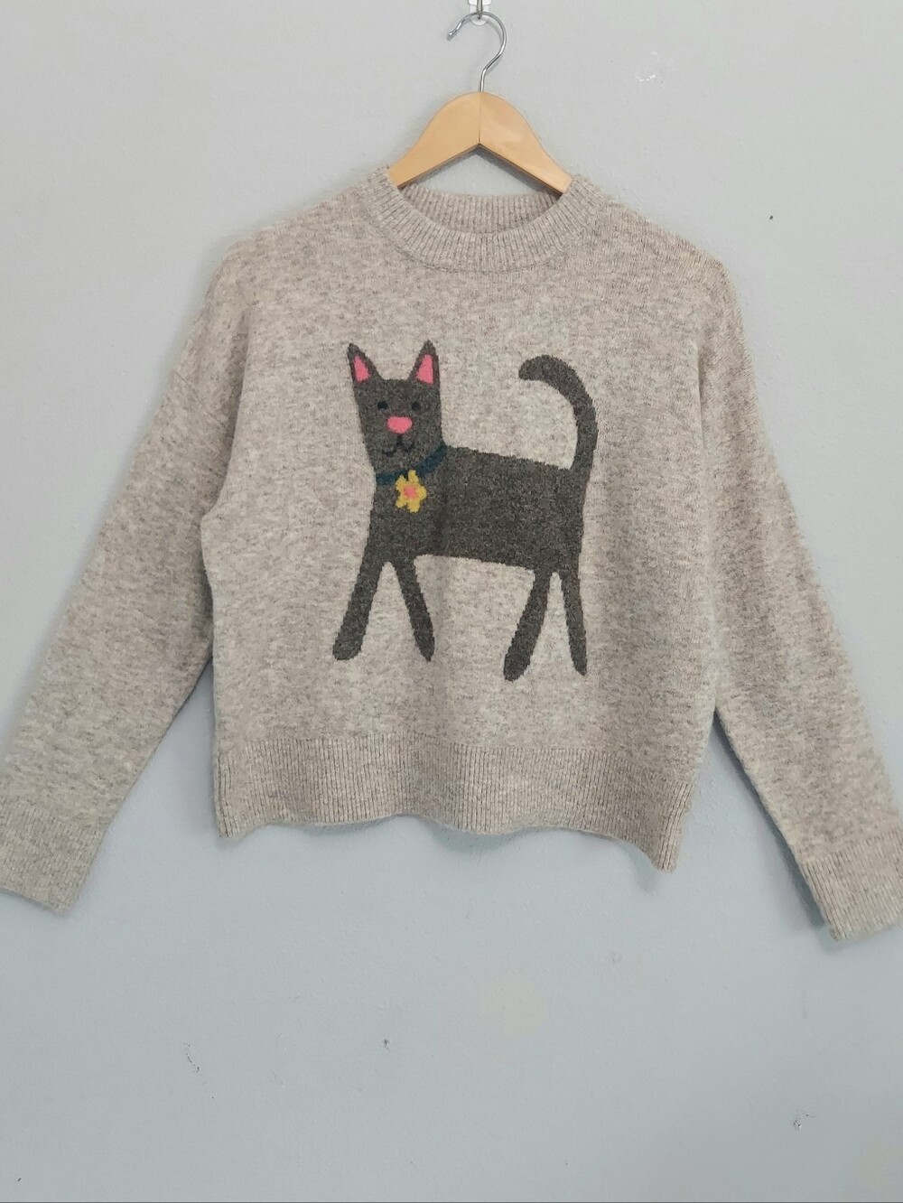 Natural Life Intarsia Knit Sweater W/Playful Cat XSmall Oatmeal Cozy